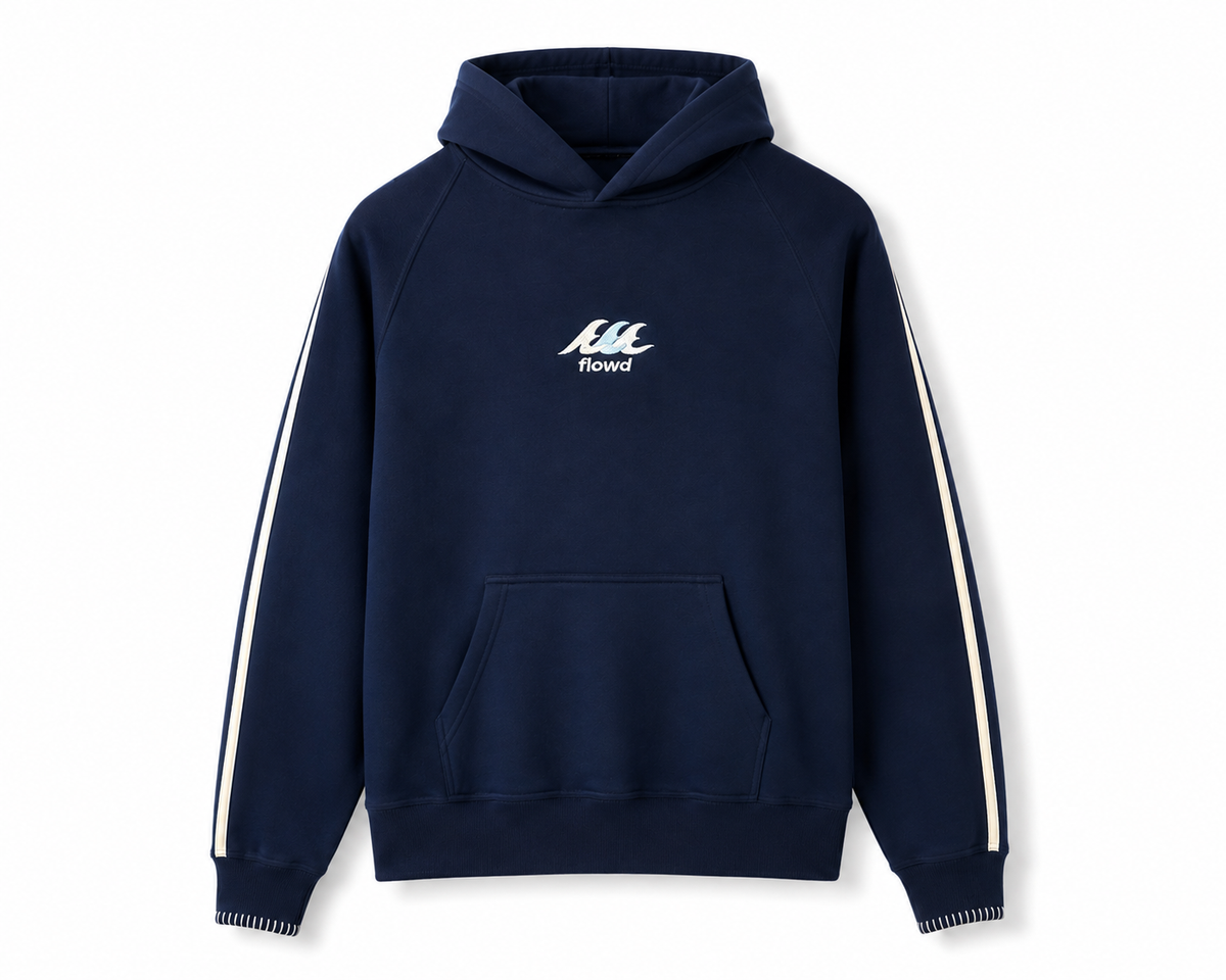 Navy FLOWD State Fleece hoodie with embroidered wave logo and cream side stripes